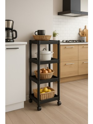 4 Katlı Tekerlekli Çok Amaçlı Mutfak ve Banyo Rafı Siyah