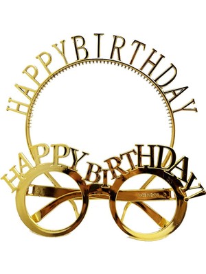 Happy Birthday Yazılı Taç ve Happy Birthday Yazılı Gözlük Seti Altın Renk (3791)