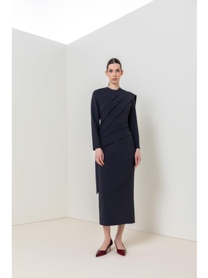 Asimetrik Drapeli Midi Elbise 26W40857