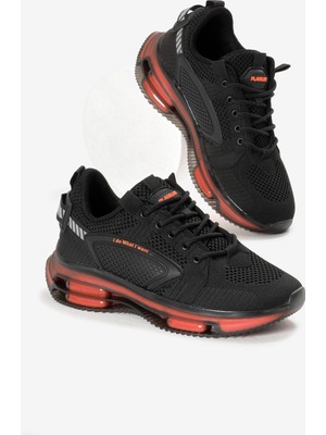 Erkek Siyah Oranj Hava Yastıklı Kalın Taban Triko Spor Ayakkabı