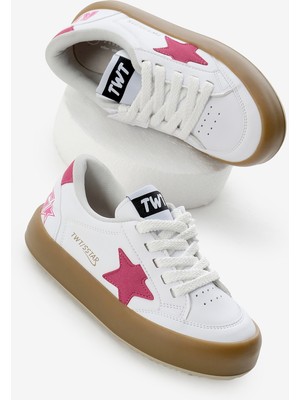 Tonny Black Çocuk Spor Ayakkabı Unisex Beyaz Fuşya Termo Taban Yıldız Detaylı Bağcıklı