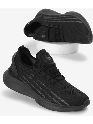Unisex Siyah Termo Taban Şerit Detaylı Bağcıklı Triko Spor Ayakkabı