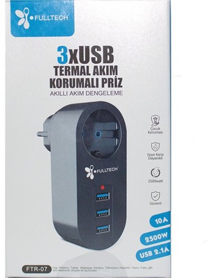 Akım Korumalı Tekli Priz - Akıllı Akım Dengeleme - 3xusb - Isıya Karşı Dayanıklı (3791)