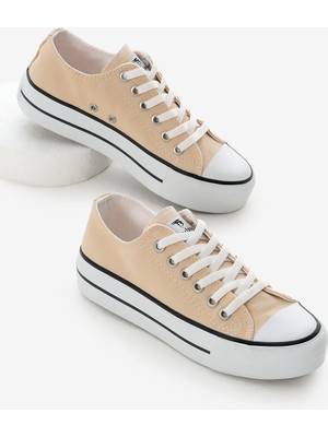 Kadın Bej Termo Kalın Taban Bağcıklı Keten Spor Ayakkabı