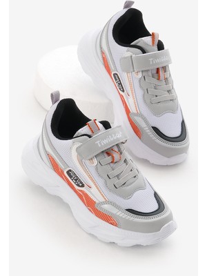 Tonny Black Çocuk Unisex Spor Ayakkabı Gri Oranj Renkli EVA Taban Cırtlı ve Lastik Bağcıklı