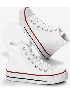 Kadın Beyaz Termo Kalın Taban Bağcıklı Uzun Keten Spor Ayakkabı