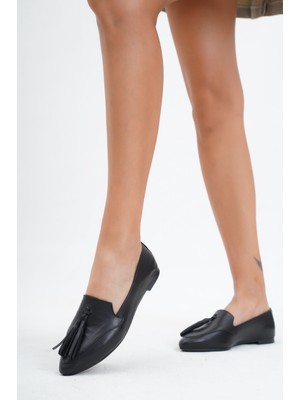 Tarçın Hakiki Deri Siyah Kadın Deri Babet TRC58-4026