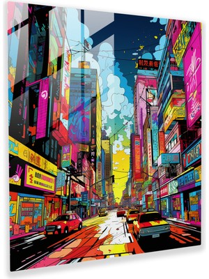 Popcas Modern Şehir Manzaralı Cam Tablo: Cesur Renkler ve Çizgi Roman Etkileriyle Dinamik Bir Şehir Kültürünü Kutlayan Pop Art Illüstrasyon - Cam Duvar Sanatı Ev Dekorasyonu Duvar Süsü Cam Sanatı