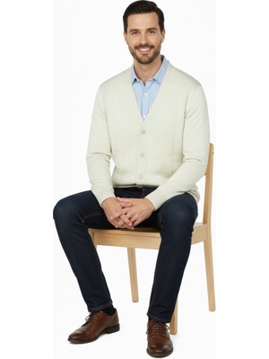 Oppland Erkek Hırka Yünlü Dokuma V Yakalı Düğmeli Çift Cepli Klasik Model Rahat Kesim Tam Kalıp