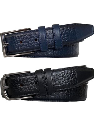 Hakiki Kaliteli Deri 2'li Set, Dikişli Klasik Kumaş Pantolon Kemeri; Siyah, Lacivert 3,5 Cm=arizona