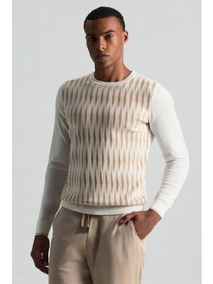 Merino Yün Şerit Desenli Ekru Bisiklet Yaka Triko