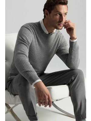 Hemington Merino Yün İpek Karışım Örgü Desen Açık Gri Triko