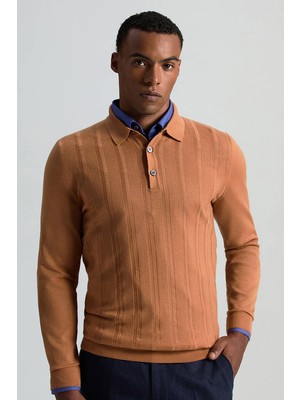 Saf Kaşmir Polo Yaka Şerit Desenli Konyak Rengi Triko