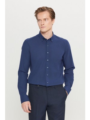 Altınyıldız Classics Erkek Lacivert Slim Fit Düğmeli Yaka Keten Görünümlü %100 Pamuk Flamlı Gömlek