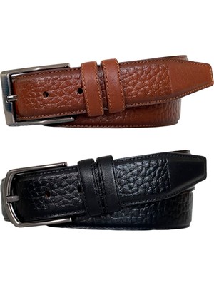 Hakiki Kaliteli Deri 2'li Set, Dikişli Klasik Kumaş Pantolon Kemeri; Siyah, Kahverengi 3,5 Cm=arizon