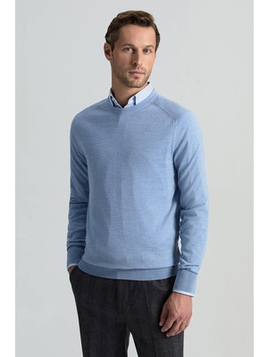 Merino Yün Açık Mavi Bisiklet Yaka Triko