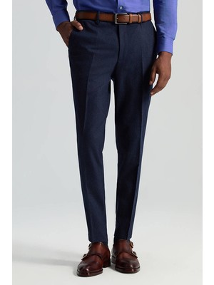 Yün Kaşmir Karışım Lacivert Flanel Chino Pantolon