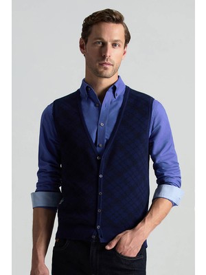 Merino Yün Baklava Desen Koyu Mavi Yelek