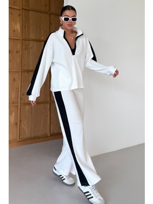 Kadın Beyaz V Yaka Siyah Çizgi Detaylı Kazak Alt-Üst Pantolonlu Takım