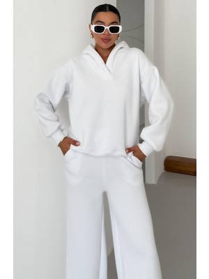 Kadın Beyaz V Yaka Kapüşonlu Sweatshirt Alt-Üst Eşofman Takımı