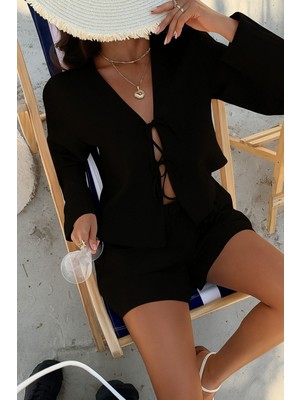 Kadın Siyah Bağlama Detaylı Aerobin Uzun Kollu Gömlek Şort Takım