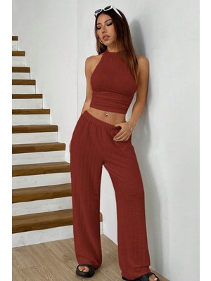 Acı Kahve Örme Kolsuz Sırtı Açık Bel Dar Bluz Pantolonlu Takım