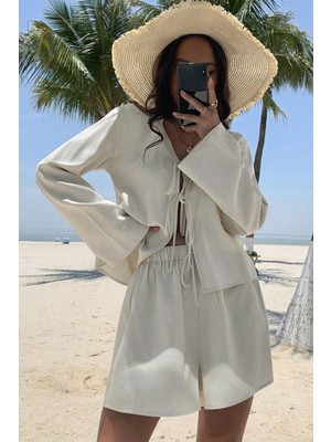 Kadın Bej Bağlama Detaylı Aerobin Uzun Kollu Gömlek Şort Takım