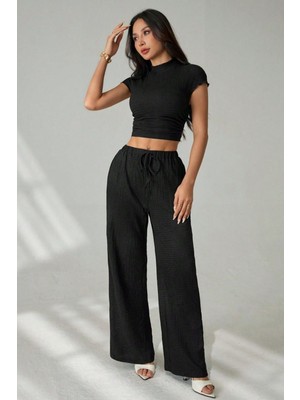 Siyah Kısa Kollu Beli Dar Büzgülü Bluz Pantolon Örme Bürümcük Takım
