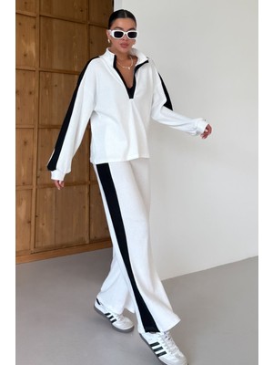 Kadın Beyaz V Yaka Siyah Çizgi Detaylı Kazak Alt-Üst Pantolonlu Takım