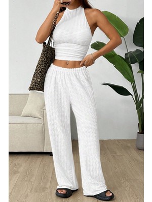 Beyaz Örme Bürümcük Kolsuz Sırtı Açık Bel Dar Bluz Pantolon Takım