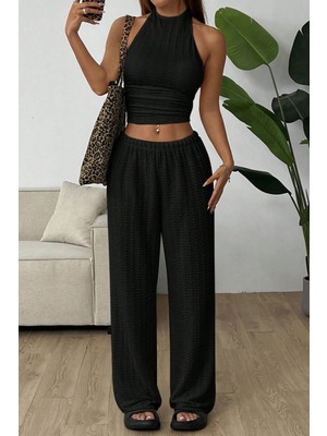 Siyah Örme Kolsuz Sırtı Açık Bel Dar Bluz Pantolonlu Takım