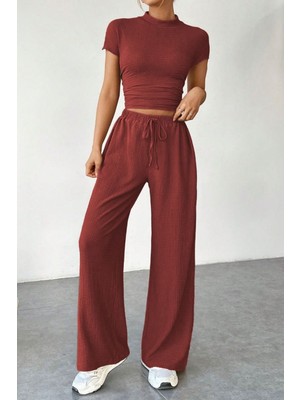 Acı Kahve Kısa Kollu Beli Dar Büzgülü Bluz Pantolon Örme Bürümcük Takım