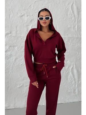 Kadın Bordo V Yaka Kapüşonlu Crop Eşofman Alt-Üst Modal Takım