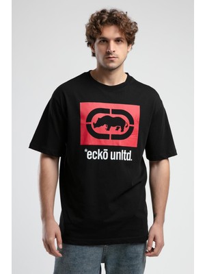 Ithaca Siyah Bisiklet Yaka Nakışlı Oversize Erkek Tshirt