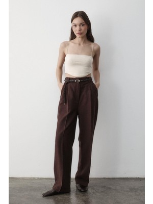 Jaste Kadın Keten Örgü Kemerli Beli Lastikli Yüksel Bel Palazzo Pantolon SİYAH
