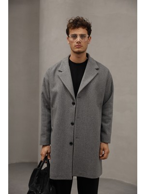 Gri Renk Düğme Kapamalı Yarım Oversize Rahat Kesim Uzun Erkek Kaşe Kaban Palto