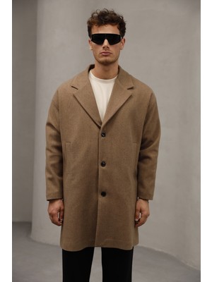 Kahverengi Düğme Kapamalı Yarım Oversize Rahat Kesim Uzun Erkek Kaşe Kaban Palto