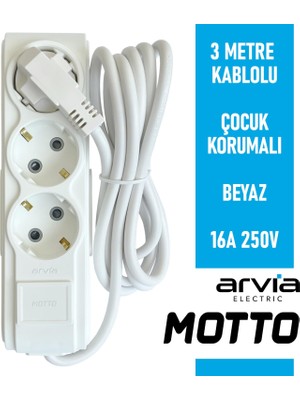 Arvia Motto Üçlü Topraklı Grup Priz Çocuk Korumalı 3 Metre Kablolu 35 01 1003 403