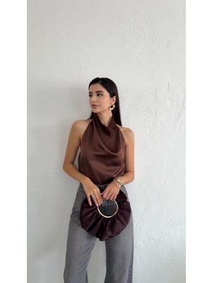 Kahverengi Saten Bluz