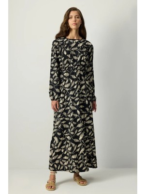 Kadın Siyah Yaprak Desenli Uzun Kollu Maxi Günlük ve Şık Elbise - Kadın Elbise