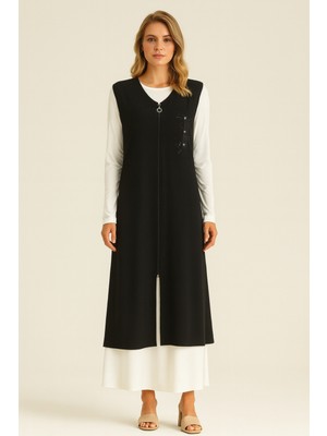 5299 Yanları Taş ve Zımba Detaylı Önü Fermuarlı Büyük Beden Yelek Qys Yelek 5299 #23-06#