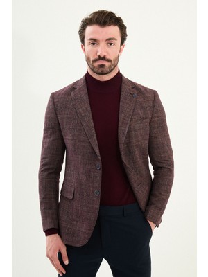 Ekoseli Slim Fit Mono Yaka Yün Erkek Ceket