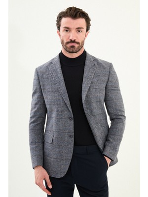 Ekoseli Slim Fit Mono Yaka Yün Erkek Ceket