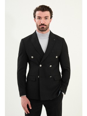 Çizgili Slim Fit Geniş Yaka Kruvaze Metal Düğmeli Erkek Takım Elbise
