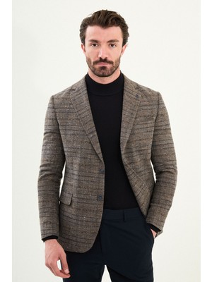 Ekoseli Slim Fit Mono Yaka Yün Erkek Ceket