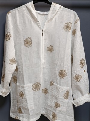 Büyük Beden % 100 Pamuk Keten Simli Çiçek Nakışlı 80 cm Basen Kapatan Boyda Kapüşonlu Ceket