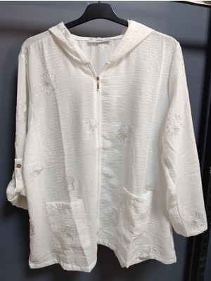 Büyük Beden % 100 Pamuk Keten Simli Çiçek Nakışlı 80 cm Basen Kapatan Boyda Kapüşonlu Ceket