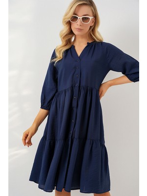 Hiccup Kadın BDART Düğme Kapatmalı Dokulu Midi Elbise Lacivert