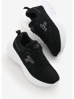 Unisex Siyah Beyaz Yüksek Faylon Taban Nefes Alabilen Kumaş Bağcıklı Spor Ayakkabı