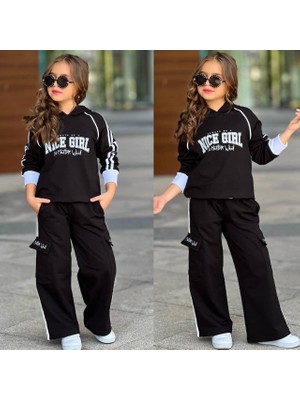 Kız Çocuk Kapüşonlu "nice Girl" Baskılı Eşofman Takımı - Siyah 53095